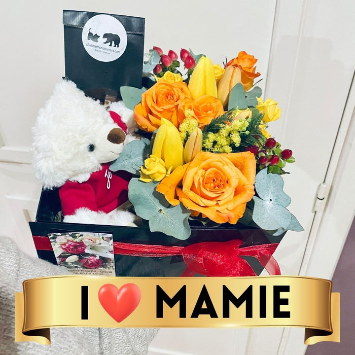 Composition Florale Surprise: Fleurs, Ourson et Chocolats