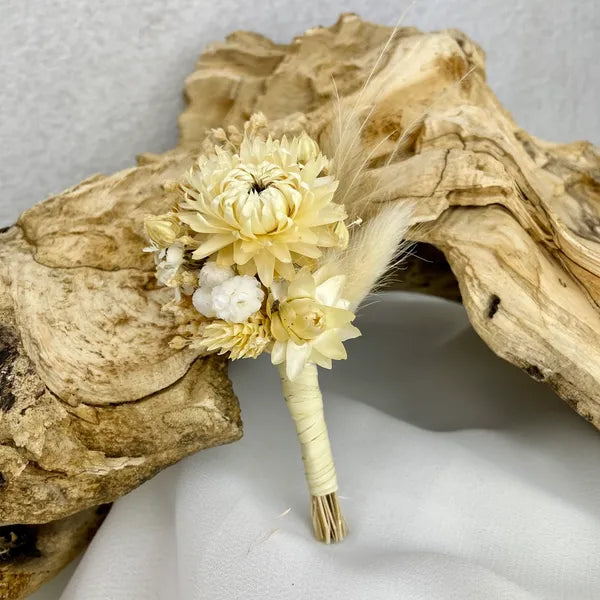 Boutonnière Bohème Palm nuances de blanc beige - Accessoire mariage
